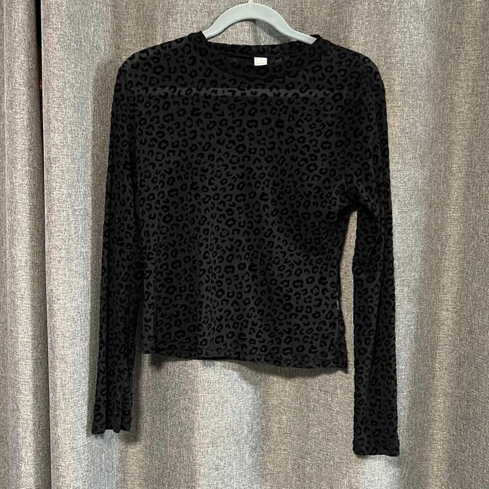 Black sheer leopard print long sleeve top XL